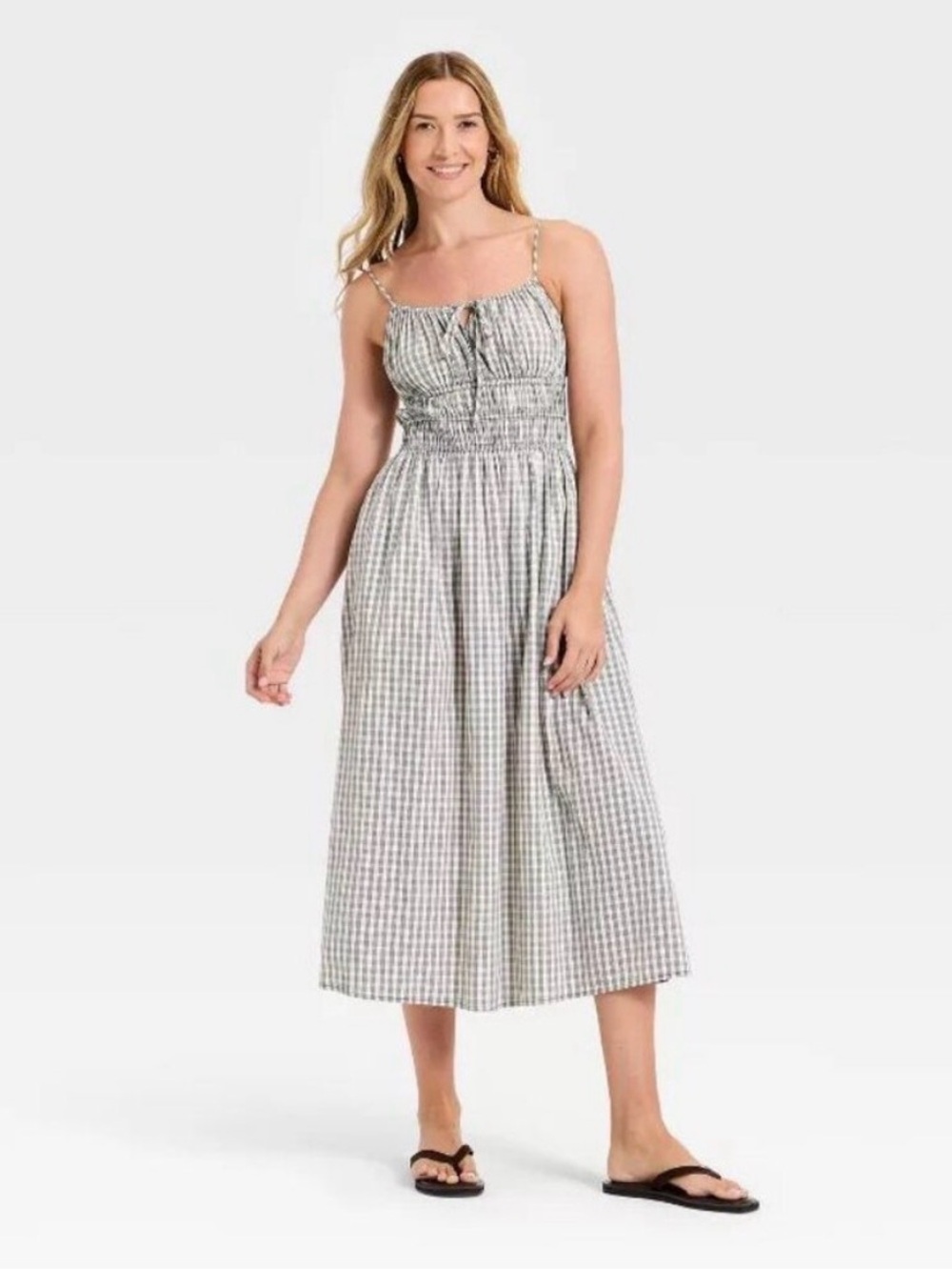 NWT Universal Thread Sleeveless Gingham Smocked Midi Dress black white check XS